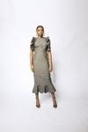 RUFFLE PENCIL DRESS -GREY STRIPE