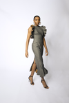 RUFFLE PENCIL DRESS -GREY STRIPE